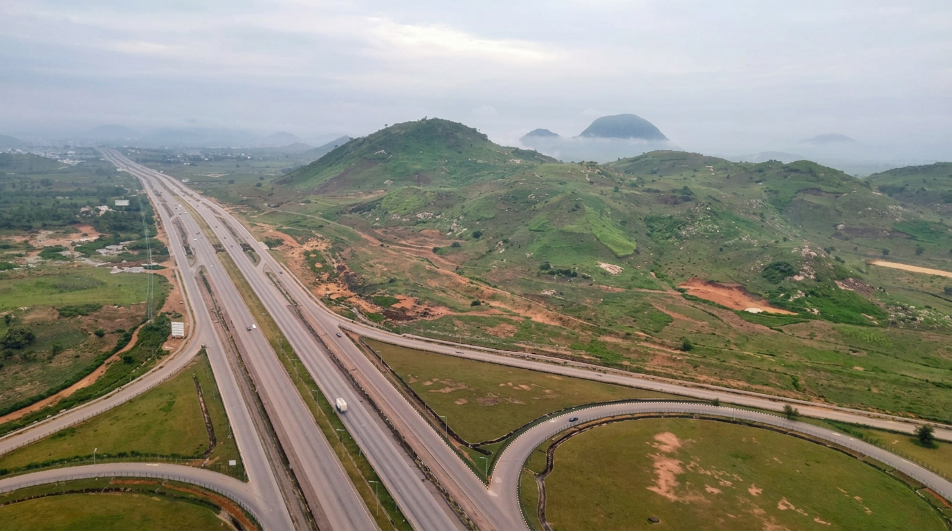 The view from a Skytrek balloon over the hills and highways of Abuja