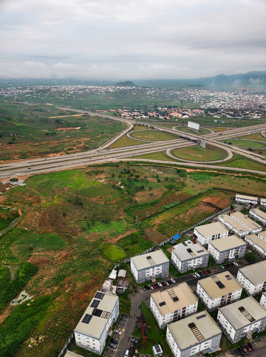Highway interchanges and green hills seen from a Skytrek balloon over Abuja